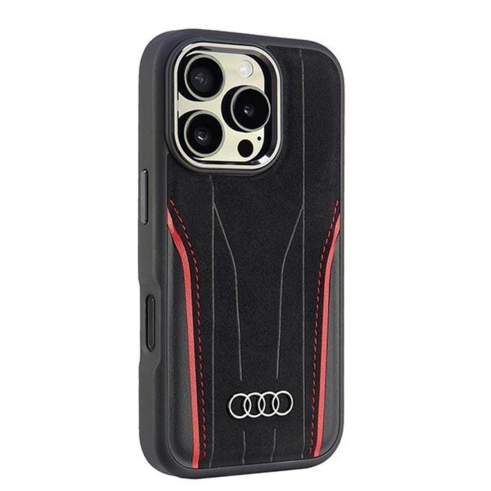 Audi Handyhülle iPhone 16 Pro Echtleder MagSafe schwarz rot Logo 6,3 Zoll, Kantenschutz Audi Handyhülle iPhone 16 Pro Echtleder MagSafe schwarz rot Logo 6,3 Zoll, Kantenschutz von Audi