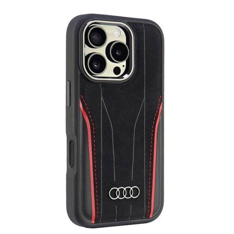 Audi Handyhülle iPhone 16 Pro Echtleder MagSafe schwarz rot Logo 6,3 Zoll, Kantenschutz von Audi