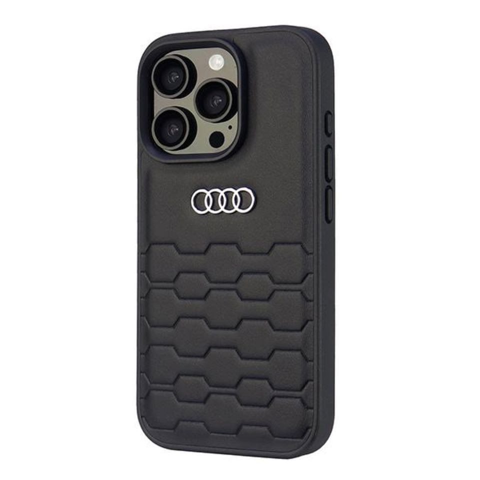 Audi Handyhülle iPhone 16 Pro Kunstleder schwarz Logo Metall 6,3 Zoll, Kantenschutz Audi Handyhülle iPhone 16 Pro Kunstleder schwarz Logo Metall 6,3 Zoll, Kantenschutz von Audi