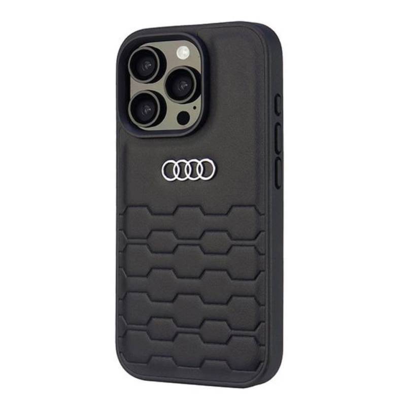 Audi Handyhülle iPhone 16 Pro Kunstleder schwarz Logo Metall 6,3 Zoll, Kantenschutz von Audi