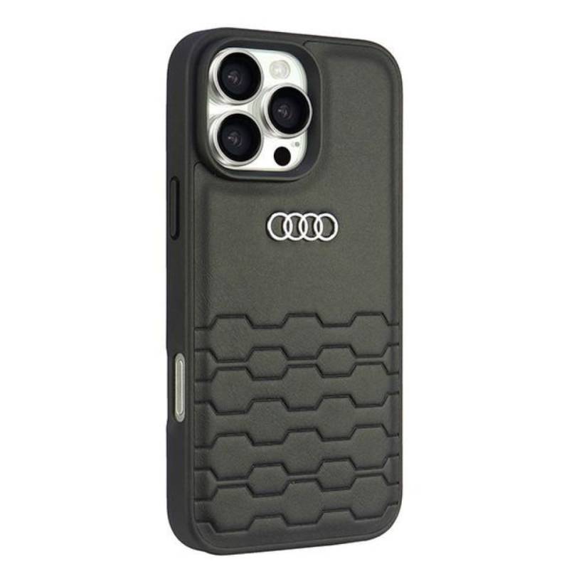 Audi Handyhülle iPhone 16 Pro Max Kunstleder schwarz Logo Metall 6,9 Zoll, Kantenschutz von Audi