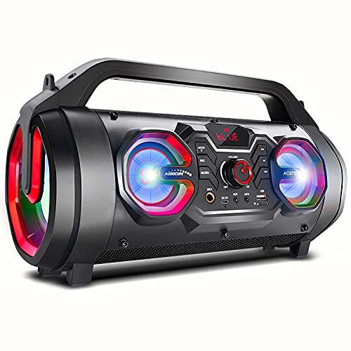 Audiocore AC875 Tragbarer Bluetooth-Lautsprecher Boombox 30W (20W+5Wx2) Bazooka Spritzwassergeschützt, Radio, microSD, Aux, USB, Beleuchtung, Mikrofonanschluss, Fernbedienung (Lautsprecher) von Audiocore