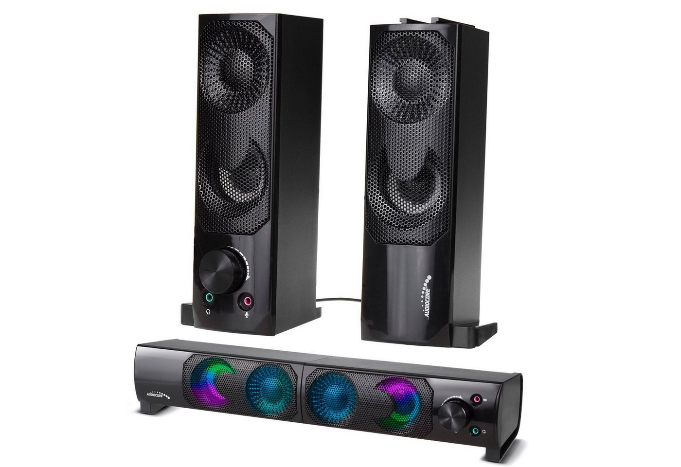 Audiocore AC955 2.0 PC-Lautsprecher (6 W, Soundbar-Funktion [Modulare Verbindung], RGB-Bleuchtung, 6W) von Audiocore