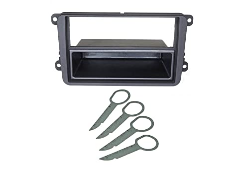 Audioproject A128 - Autoradio Radioblende Einbau Set kompatibel mit VW Golf Polo 5 6 V Touran Passat 3C Caddy Skoda Seat mit Fach Radioblende Entriegelungsbügel 2-DIN 1-DIN von Audioproject