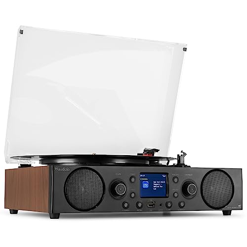 Audizio Tulsa - Stereoanlage mit Plattenspieler Bluetooth 5.0, UKW Tuner, DAB Radio, Aufnahmefunktion, Schallplattenspieler mit Lautsprechern, Turntable, USB, SD, AUX, RCA, Weckfunktion, Holzdesign von Audizio