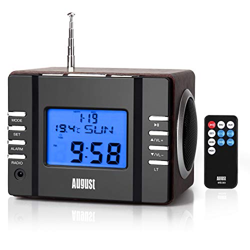 August MB300 Radiowecker FM Uhrenradio mit MP3 Player Stereoanlage Thermometer SD, 3.5 Line – In Buchse - Alarmton per Radio MP3 oder einfachem Alarmton Sleep Timer Infrarotfernbedienung braun-schwarz von August