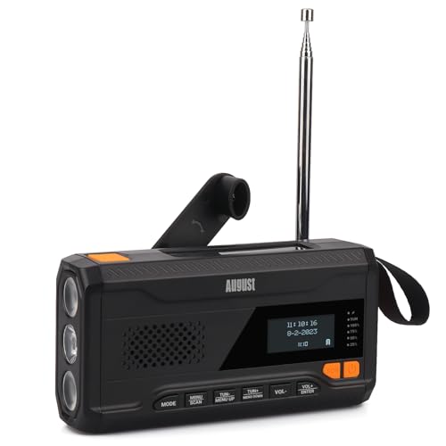 Kurbelradio DAB/FM/Bluetooth -August MB290B- Solar Radio 4500mAh wiederaufladbare Powerbank, 3 Modi LED Taschenlampe Sleeptimer SOS-Alarm 3.5mm Notfallradio mit Handkurbel für Camping Wandern Zelten von August