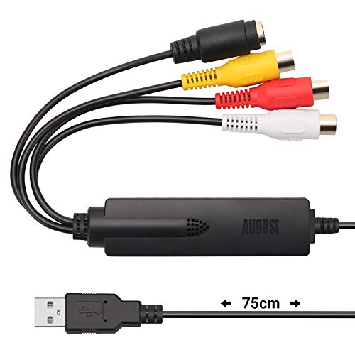 USB Video Grabber – August VGB350 Konverter mit Composite und S-Video Anschluss zum Digitalisieren von VHS Hi8 Kassetten auf DVD USB Festplatte - Unterstützt SECAM PAL NTSC– Kompatibel mit Windows von August