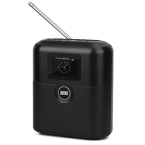 Wiederaufladbares DAB+/FM Radio mit Bluetooth Lautsprecher -August MB330- tragbarer Radiowecker mit Doppelalarm Sleeptimer Snooze LCD Farbdisplay EQ RDS 60 Presets Digitalradio mit Batterie AUX-In/Out von August