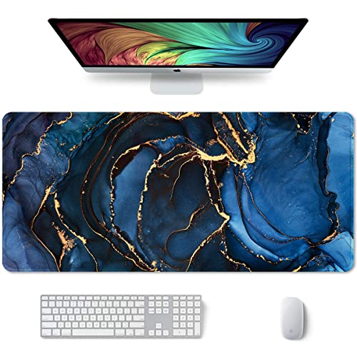Auhoahsil Großes Mauspad, XXL Schreibtischunterlage, verlängert 88.9x38.1 cm, rutschfeste Gummiunterseite, genähte Kanten, überlegene Oberfläche, Büro & Zuhause, dunkelblauer Marmor von Auhoahsil