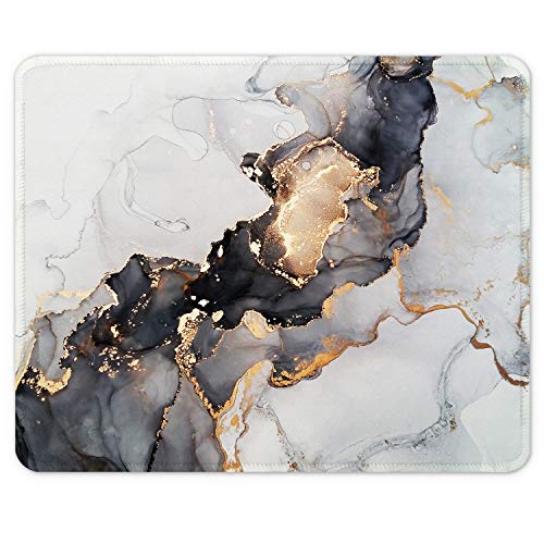 Auhoahsil Mauspad, Quadratisches Marmor-Design, rutschfestes Gummi-Mauspad mit genähten Kanten für Büro, Gaming, Laptop, Computer, Herren, Damen, 24.9x20.1 cm, Weiß-Grau-Gold-Tintenmarmor von Auhoahsil