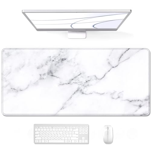 Auhoahsil Schreibtischunterlage, XL, erweitertes großes Gaming-Mauspad, 80.9x20.7 cm, wasserdichtes Mauspad mit genähten Kanten, rutschfeste Computer-Tastatur, Büroarbeit, weißes Marmor-Design von Auhoahsil
