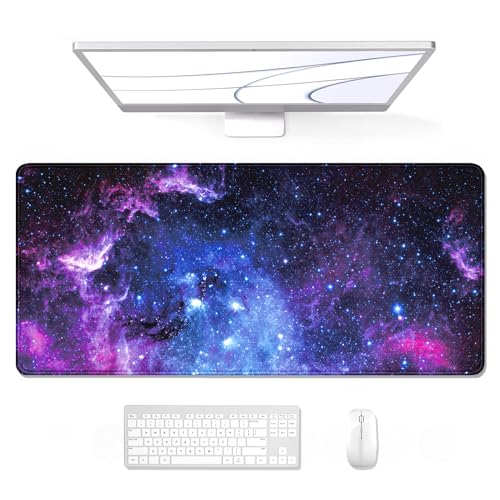 Auhoahsil Schreibtischunterlage, XL erweitertes großes Gaming-Mauspad 80.9x30.8 cm, wasserdichtes Mauspad mit genähten Kanten, rutschfeste Computer-Tastatur, Büroarbeit, lila Galaxie-Design von Auhoahsil