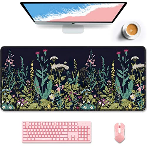 Auhoahsil Schreibtischunterlage, XXL großes Mauspad, erweitertes Gaming-Mauspad, niedliche Schreibtischunterlage für Frauen, großes Bürozubehör, 90.2x40.9 cm, schwarze Wildblumen-Nacht von Auhoahsil