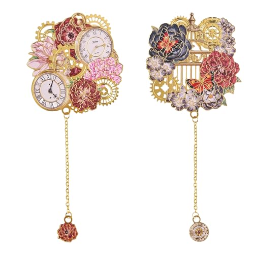 Auiremrti 2 Stück Vintage-Lesezeichen aus Metall mit Anhängerkette,Retro-Gothic-Lesezeichen,Blumen-und Uhr-Lesezeichen zum Lesen Von Frauen,Männern,Kindern,Ideal Für Bücherliebhaber von Auiremrti