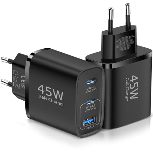USB C Ladegerät 45W GAN 2er-Pack Netzteil für Samsung/iPhone/iPad,3-Port-Typ-C-USB Mehrfach PPS Schnellladegerät für iPhone 15 14 Pro Max 13 12, Samsung Galaxy S24/S23/S22/S21 Pixel Handys(Schwarz) USB C Ladegerät 45W GAN 2er-Pack Netzteil für Samsung/iPhone/iPad,3-Port-Typ-C-USB Mehrfach PPS Schnellladegerät für iPhone 15 14 Pro Max 13 12, Samsung Galaxy S24/S23/S22/S21 Pixel Handys(Schwarz) von Aukire