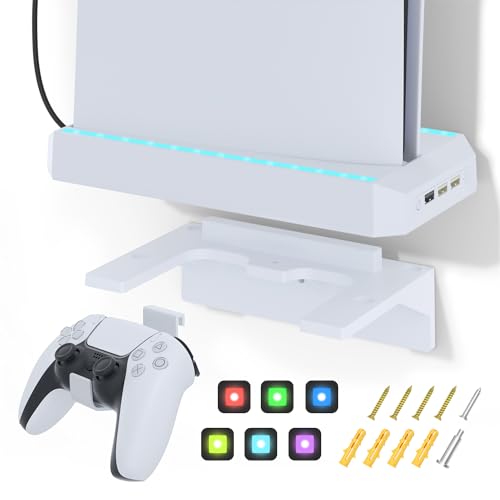 Aukuoy Wandhalterung Kit für PS5 Slim Zubehör: RGB-Wandhalterung mit 2 abnehmbaren Controller-Halterungen, LED-Wandhalterung mit 3 USB-Anschlüssen für PS5 Slim Disc/Digital-Konsole von Aukuoy
