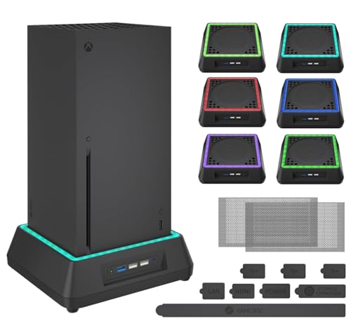 Lüfter für Xbox Series X, RGB-LED-Anzeige, Kühlstation mit 3 Stufen, einstellbare Geschwindigkeit, Lüftersystem für Xbox Series X, USB 3.0-Anschluss und USB 2.0-Anschlüsse (Schwarz) von Aukuoy