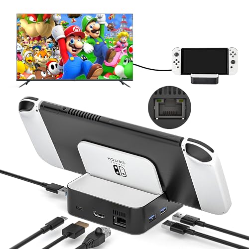 Switch TV Dock, Aukuoy Docking Station für Nintendo Switch/Switch OLED, 6-in-1 Switch Dock Portable Ladestation mit HDMI 2.0, Ethernet Port, Typ-C Port und 3 USB Ports, unterstützt YouTube On TV von Aukuoy