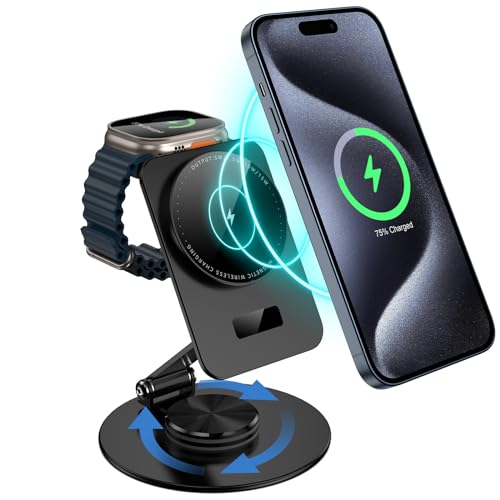 Aukvite Wireless Charge für Apple, 2 in 1 Magsafe Ladestation für iPhone 16/15/14/13/12, iWatch Ladegerät für Apple Watch 10/9/8/7/6/SE/5/4/3, Faltbare Ladestation für AirPods 4/3/2/Pro (Schwarz) von Aukvite