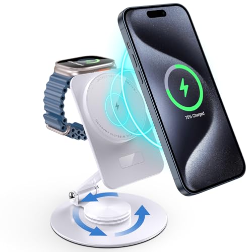 Aukvite Wireless Charge für Apple, 2 in 1 Magsafe Ladestation für iPhone 16/15/14/13/12, iWatch Ladegerät für Apple Watch 10/9/8/7/6/SE/5/4/3, Faltbare Ladestation für AirPods 4/3/2/Pro (Weiß) von Aukvite