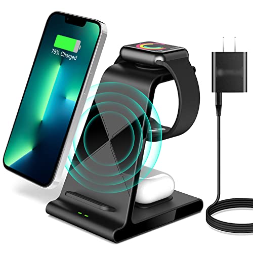 Aukvite ladestation für Apple, 3 in 1 Kabelloses Ladegerät für iPhone 14/13/12/11 Pro/Pro Max/Mini, Induktive Ladestation für Apple Watch 8 7 6 SE 5 4 3 2(unterstützt watchOS 8.5)/Air pods/Arpods Pro von Aukvite