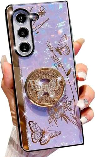 Schutzhülle für Samsung Galaxy A25 5G, für Damen und Mädchen, mit Ringständer, Galaxy A25, niedliches Schmetterlings-Design, Glitzer, Perlen, weiche TPU-Bumper für Samsung A25, Violett von Aulzaju