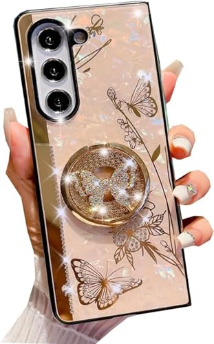 Schutzhülle für Samsung Galaxy A35 5G, glitzernd, Schmetterlings- und Blumen-Design mit Ringständer, mit Glitzer, glitzernder Perlenrückseite, niedlich, mädchenhaft, goldfarben von Aulzaju