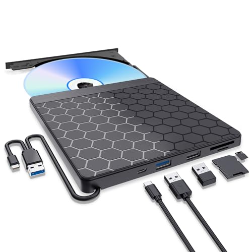 Externes DVD CD Laufwerk Extern,USB 3.0 USB C DVD Laufwerk Extern mit SD/TF Slot & 2 USB port, DVD Brenner/Player Externes CD Laufwerk für Laptop PC Mac MacBook Windows 11/10/8.1 /7 Linux/Desktop von Aumdie