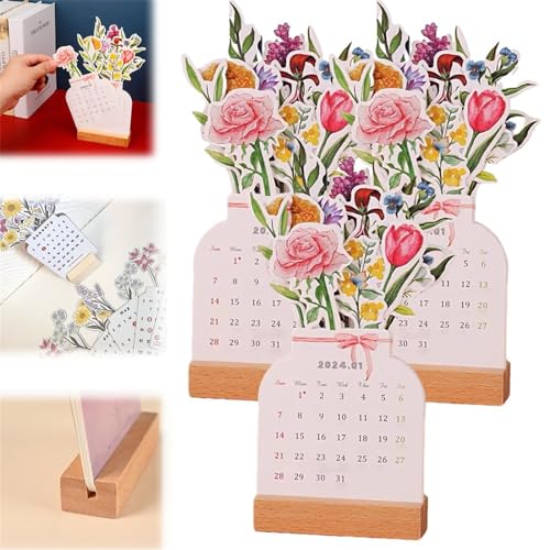 2024 Bloomy Flowers Schreibtischkalender, kreativer Blumen-Schreibtischkalender, Vasenform, Neujahrs-Monatskalender, Planer, Büro-Schreibtisch-Dekor, Heimdekoration (3 Stück) von Aumude