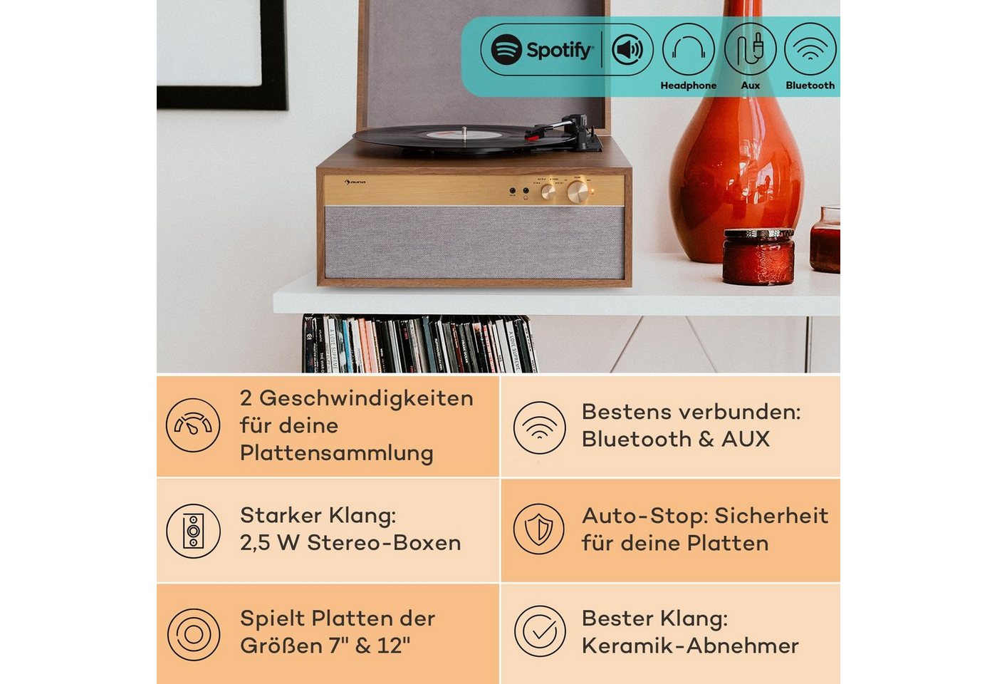 Auna Berklee TT Case Plattenspieler (Riemenantrieb, Bluetooth, Bluetooth lautsprecher Kopfhöreranschluss AUX IN Holz) von Auna