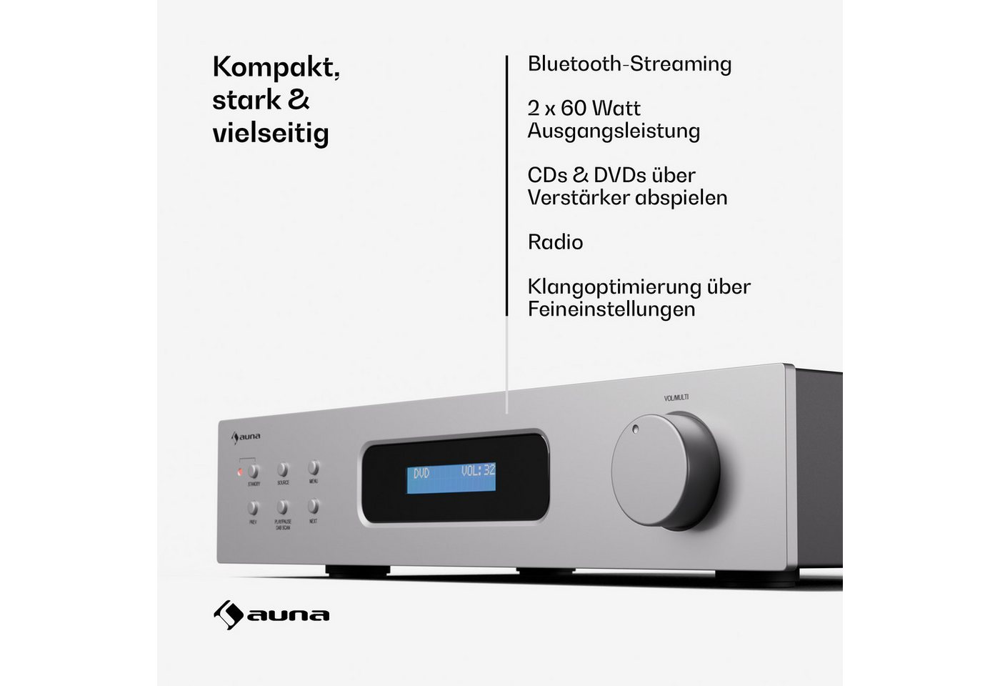 Auna auna Art22 Amplifier DAB+ 2x100W BT white/silver Audioverstärker (Anzahl Kanäle: 4-Kanal, 120 W, DAB+ Bluetooth HiFi-Verstärker 120 W FM CD DVD Fernbedienung) von Auna