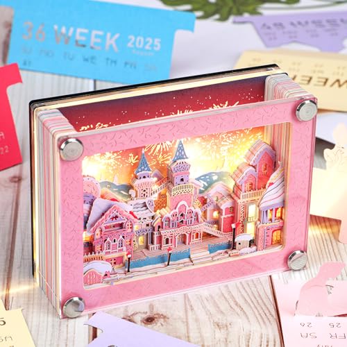 Auniq 2025 Schreibtisch Kalender 3D Notizblock mit Licht, 3D Märchenschloss Wochenkalender 2025 DIY-Notizen Papierskulptur 3D Zeitstück Kalender Geschenk für Weihnachten Neujahr Büro/Schule Dekoration von Auniq