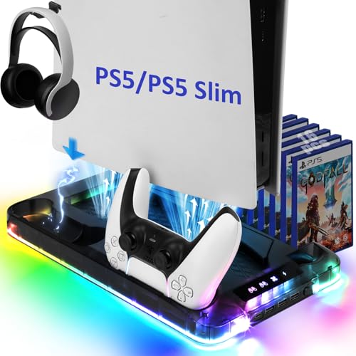 Auniq PS5/PS5 Slim Ständer mit Lüfter & RGB Licht, Vertikale PS5 Kühlung Ladegerät Stand PS5 Kühlstation Zubehör Controller Ladestation Headset Halter Steckplatz Standfuß für PS5/PS5 Slim Disc/Digital Auniq PS5/PS5 Slim Ständer mit Lüfter & RGB Licht, Vertikale PS5 Kühlung Ladegerät Stand PS5 Kühlstation Zubehör Controller Ladestation Headset Halter Steckplatz Standfuß für PS5/PS5 Slim Disc/Digital von Auniq