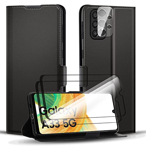 Aunote Handyhülle für Samsung Galaxy A33 5G Hülle mit 2 stück Panzerglas Schutzfolie, A33 5G Schutzhülle/Klapphülle, Tasche Leder Etui Folio, Smartphone Handy Cover Flip Case klappbar. Schwarz von Aunote