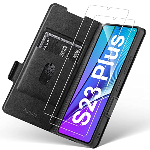 Aunote Handyhülle für Samsung Galaxy S23 Plus Hülle mit 2 stück Panzerglas Schutzfolie, S23 Plus 5G Schutzhülle/Klapphülle, Tasche Leder Etui Folio, Smartphone Handy Cover Flip Case klappbar. Schwarz von Aunote