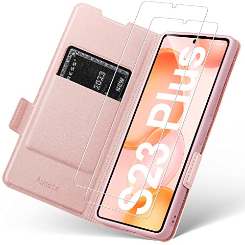 Aunote Handyhülle für Samsung Galaxy S23 Plus Hülle mit 2 stück Panzerglas Schutzfolie, S23 Plus 5G Schutzhülle/Klapphülle, Tasche Leder Etui Folio, Smartphone Handy Cover Flip Case klappbar. Rosa von Aunote