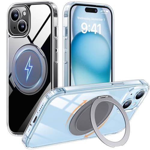 Aunote Magnetisch Hülle für iPhone 15 6,1 Zoll Kompatibel mit MagSafe, Stoßfest Handyhülle Klar Case mit Unsichtbar Ständer, Kratzfeste Clear Transparent Rückseite Schutzhülle Durchsichtig(Grau) von Aunote