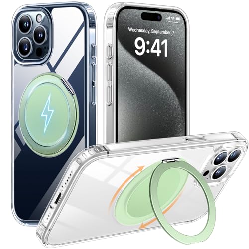 Aunote Magnetisch Hülle für iPhone 15 Pro 6,1 Zoll Kompatibel mit MagSafe, Stoßfest Handyhülle Klar Case mit Unsichtbar Ständer, Kratzfeste Clear Transparent Rückseite Schutzhülle Durchsichtig(Grün) von Aunote