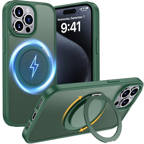 Aunote Magnetisch Hülle für iPhone 15 Pro 6,1 Zoll Kompatibel mit MagSafe, Stoßfest Matt Handyhülle mit Unsichtbar Ständer, Kratzfeste Rückseite Schutzhülle (Grün) von Aunote