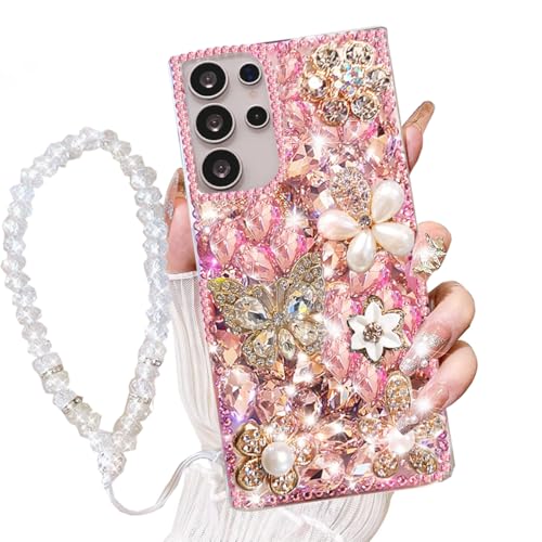 AuroiCCY Schutzhülle für Samsung Galaxy S25 Ultra mit Umhängeband, Handschlaufe, Damen, luxuriös, 3D, Glitzer, Strass, Diamant, Kristall, Perle, handgefertigt, Blumen, weiche Schutzhülle für Galaxy AuroiCCY Schutzhülle für Samsung Galaxy S25 Ultra mit Umhängeband, Handschlaufe, Damen, luxuriös, 3D, Glitzer, Strass, Diamant, Kristall, Perle, handgefertigt, Blumen, weiche Schutzhülle für Galaxy von AuroiCCY