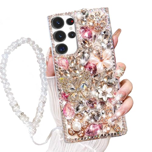 AuroiCCY Schutzhülle für Samsung Galaxy S25 Ultra mit Umhängeband, Handschlaufe, luxuriös, 3D-Glitzer, Strass, Diamant, Kristall, Perle, handgefertigt, Blumen, weich, glitzernd, für Galaxy S25 Ultra AuroiCCY Schutzhülle für Samsung Galaxy S25 Ultra mit Umhängeband, Handschlaufe, luxuriös, 3D-Glitzer, Strass, Diamant, Kristall, Perle, handgefertigt, Blumen, weich, glitzernd, für Galaxy S25 Ultra von AuroiCCY