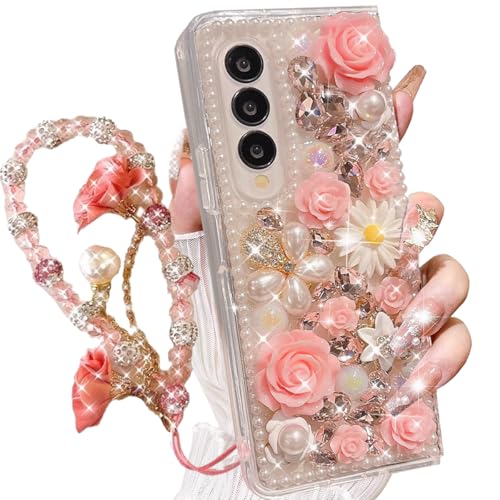 AuroiCCY Schutzhülle für Samsung Galaxy Z, niedlich, glitzernd, atemberaubende Steine, Strasssteine, 3D, handgefertigt, Perlen, Rose, Blume mit Handgelenkband, für Galaxy Z Fold (Rosa) von AuroiCCY