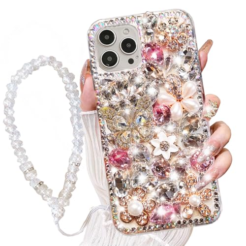 AuroiCCY Schutzhülle für iPhone 16 Pro Max mit Handschlaufe, luxuriös, 3D-Bling, glänzend, Strass, Diamant-Kristallperle, handgefertigt, Blumen, weich, glitzernd, für iPhone 16 Pro Max (Silber) von AuroiCCY