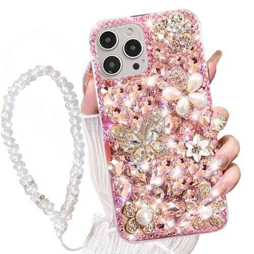 AuroiCCY Schutzhülle für iPhone 16 Pro Max mit Handschlaufe, luxuriös, 3D-Bling, glänzend, Strass, Diamant-Kristallperle, handgefertigt, Blumen, weich, schützende Glitzer-Hülle für iPhone 16 Pro Max AuroiCCY Schutzhülle für iPhone 16 Pro Max mit Handschlaufe, luxuriös, 3D-Bling, glänzend, Strass, Diamant-Kristallperle, handgefertigt, Blumen, weich, schützende Glitzer-Hülle für iPhone 16 Pro Max von AuroiCCY