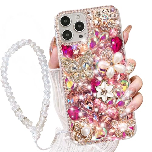 AuroiCCY Schutzhülle für iPhone 16 Pro Max mit Handschlaufe, luxuriös, 3D-Bling, glänzend, Strass, Diamant-Kristallperle, handgefertigt, Blumen, weiche Schutzhülle mit Glitzer für iPhone 16 Pro Max AuroiCCY Schutzhülle für iPhone 16 Pro Max mit Handschlaufe, luxuriös, 3D-Bling, glänzend, Strass, Diamant-Kristallperle, handgefertigt, Blumen, weiche Schutzhülle mit Glitzer für iPhone 16 Pro Max von AuroiCCY