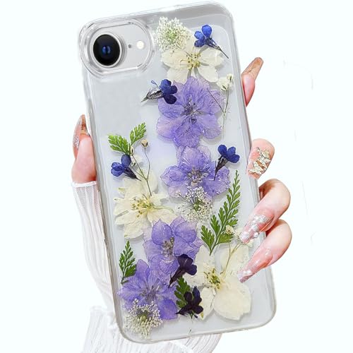 AuroiCCY Transparente Schutzhülle für iPhone 16e (2025) mit gepresster echter Blume, niedliches Glitzer-Bling-Blumenmuster, schmal, weich, TPU, stoßfest, für Damen und Mädchen, Handyhülle für iPhone von AuroiCCY
