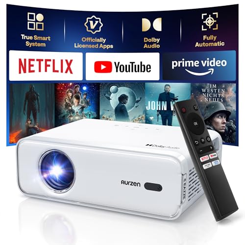 Aurzen Eazze D1 Smart Beamer Heimkino Projektor: Beamer 4K Unterstützt Full HD 1080P Beamer mit NetfIix Officially & DoIby Audio, Autofokus & Trapezkorrektur, Mini WiFi Bluetooth Video Projektor, Weiß von Aurzen