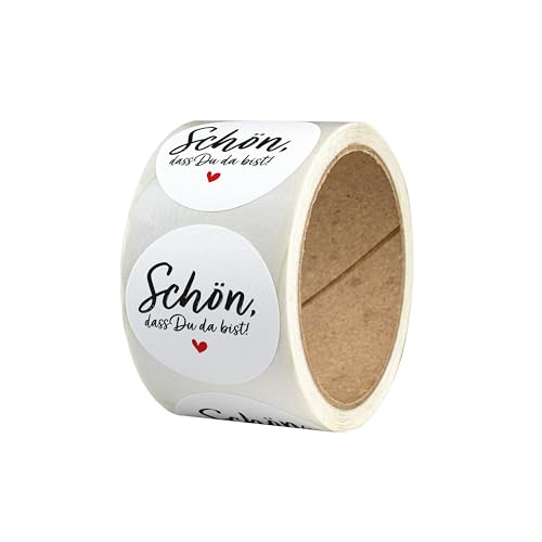 Aufkleber: Schön, dass Du da bist – 50 Stück – rund, Ø 4 cm – Sticker auf Rolle für Gastgeschenke oder als Deko bei Hochzeit, Kommunion, Konfirmation, Taufe - HERZ WEISS Aufkleber: Schön, dass Du da bist – 50 Stück – rund, Ø 4 cm – Sticker auf Rolle für Gastgeschenke oder als Deko bei Hochzeit, Kommunion, Konfirmation, Taufe - HERZ WEISS von Ausgewählt verpackt