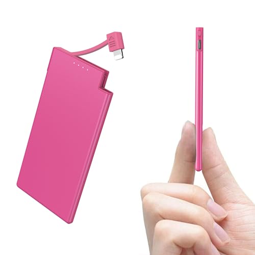 Auskang 0.68cm Ultra Slim Powerbank 5000mAh [Kompatibel mit iPhone ] mit Kabel Tragbares Ladegerät Ultra-dünn und leicht Externe Akku Power Pack- Rosa von Auskang